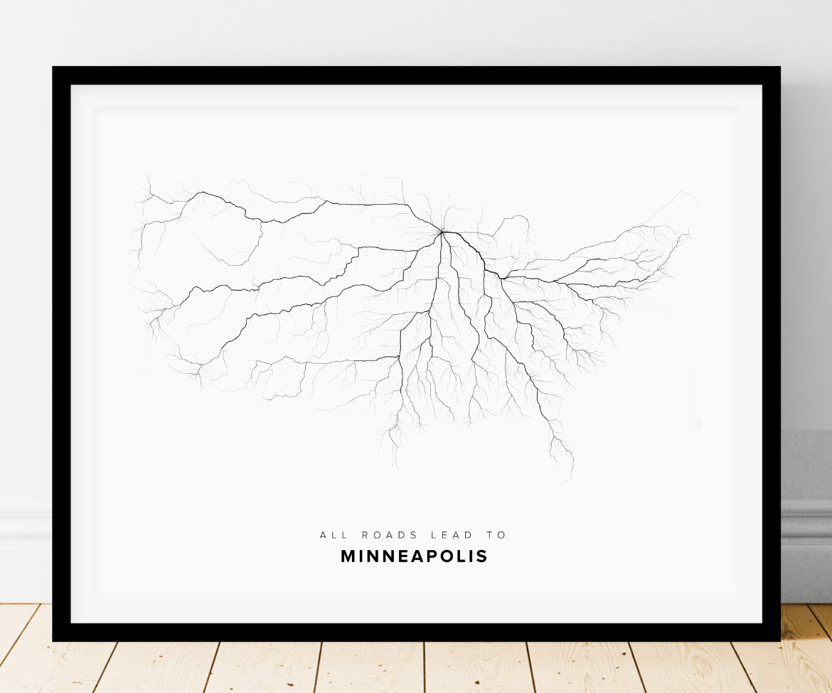 All roads lead to Minneapolis (United States of America) Fine Art Map Print