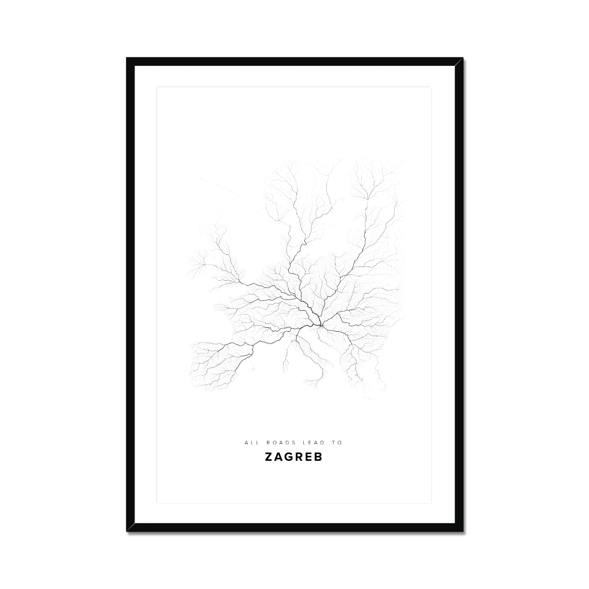 All roads lead to Zagreb (Croatia) Fine Art Map Print