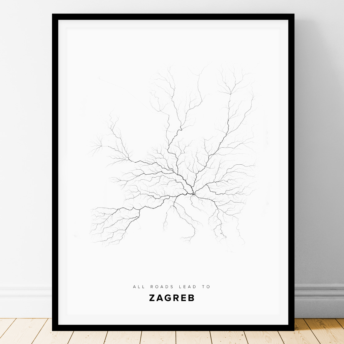 All roads lead to Zagreb (Croatia) Fine Art Map Print