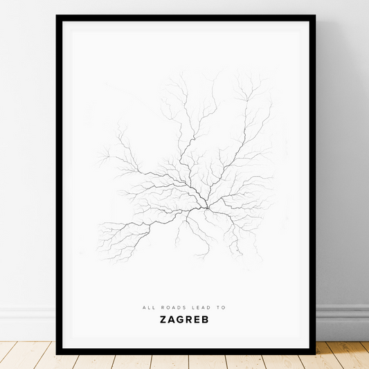 All roads lead to Zagreb (Croatia) Fine Art Map Print