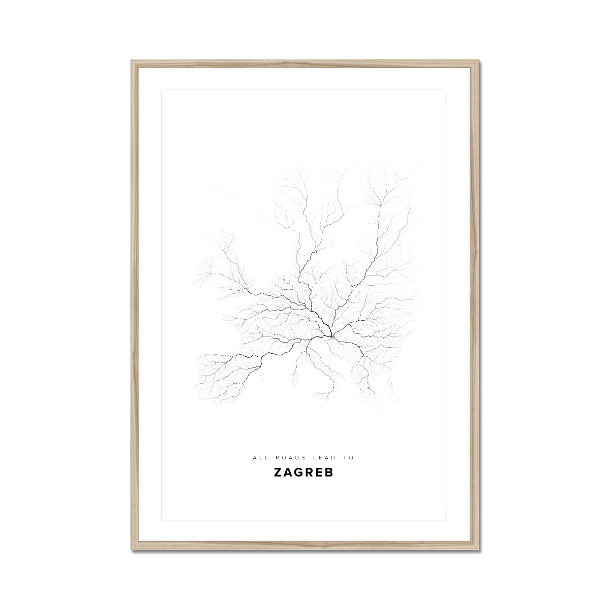 All roads lead to Zagreb (Croatia) Fine Art Map Print