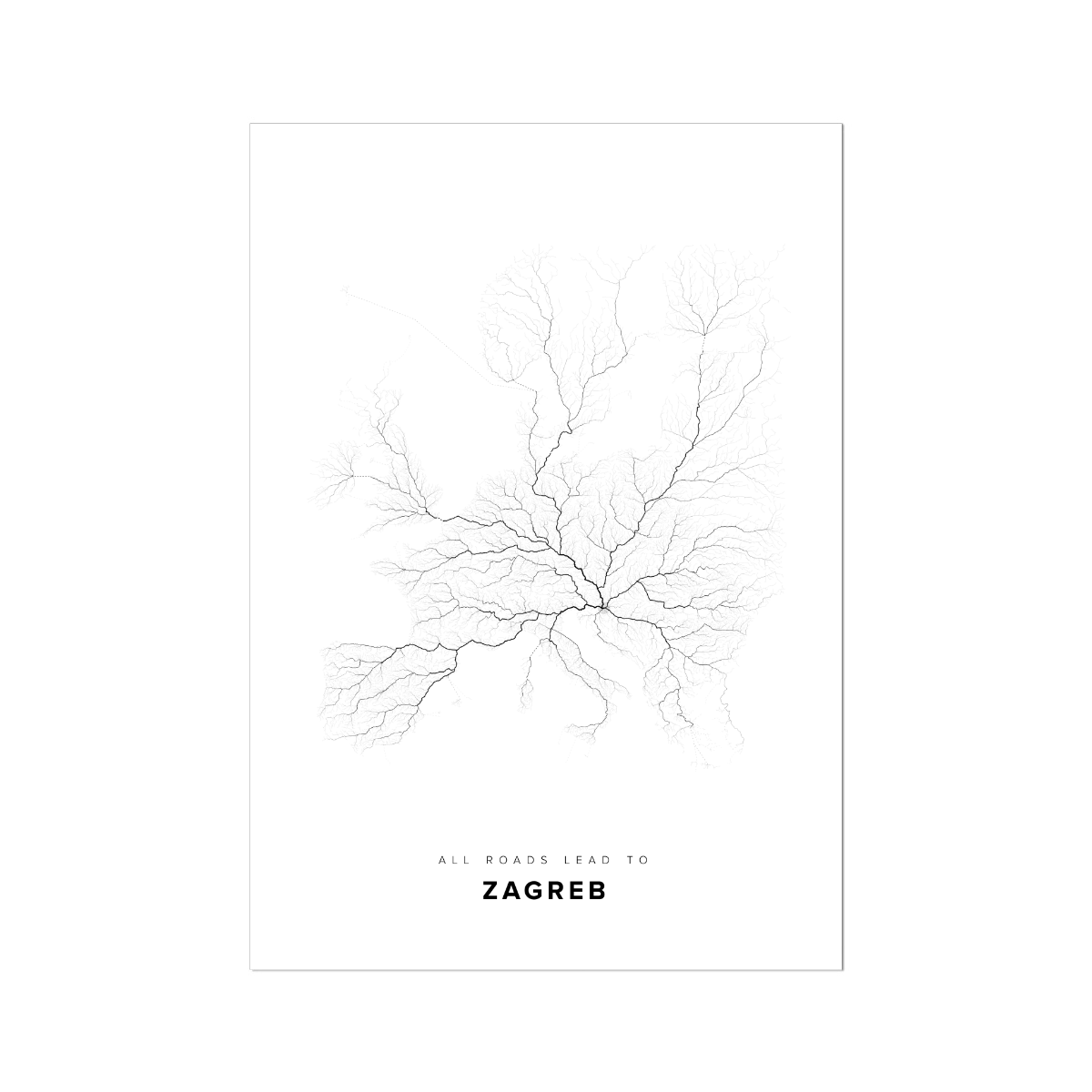 All roads lead to Zagreb (Croatia) Fine Art Map Print