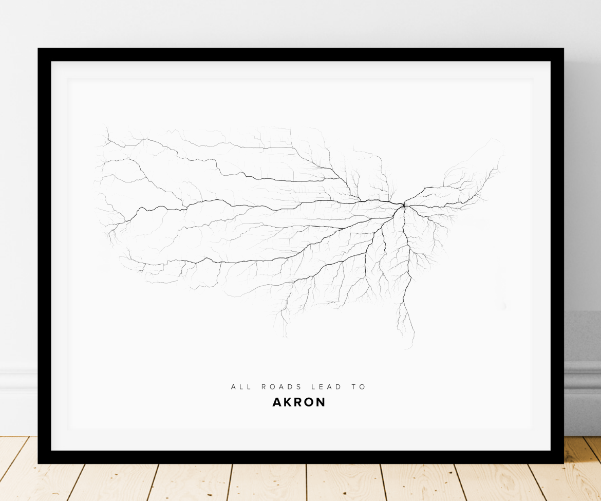All roads lead to Akron (United States of America) Fine Art Map Print