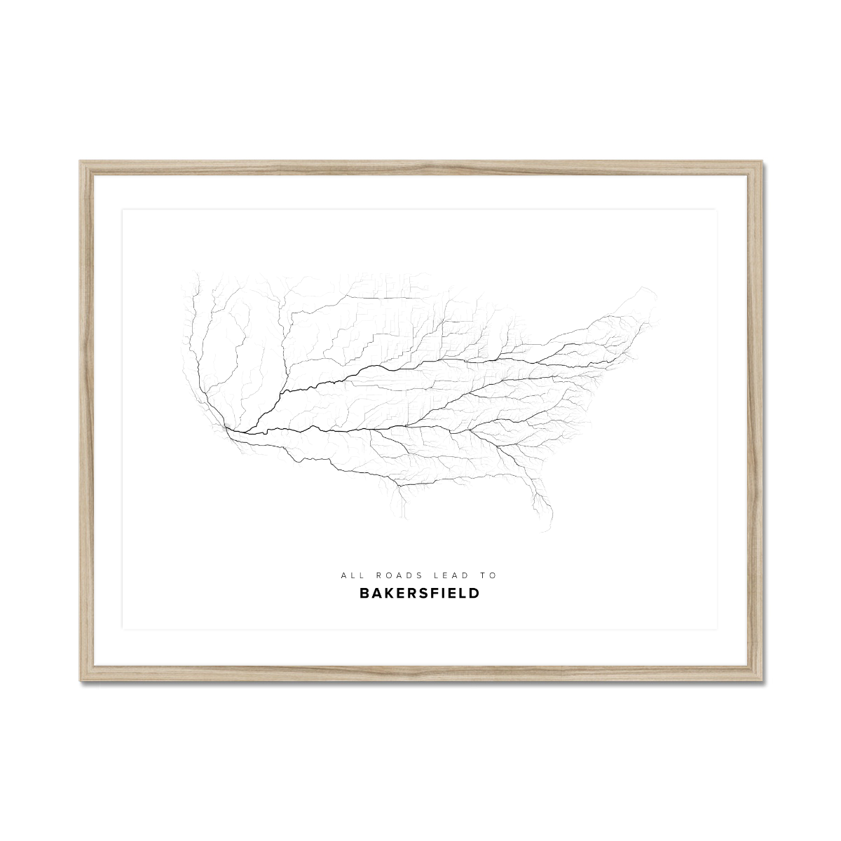 All roads lead to Bakersfield (United States of America) Fine Art Map Print
