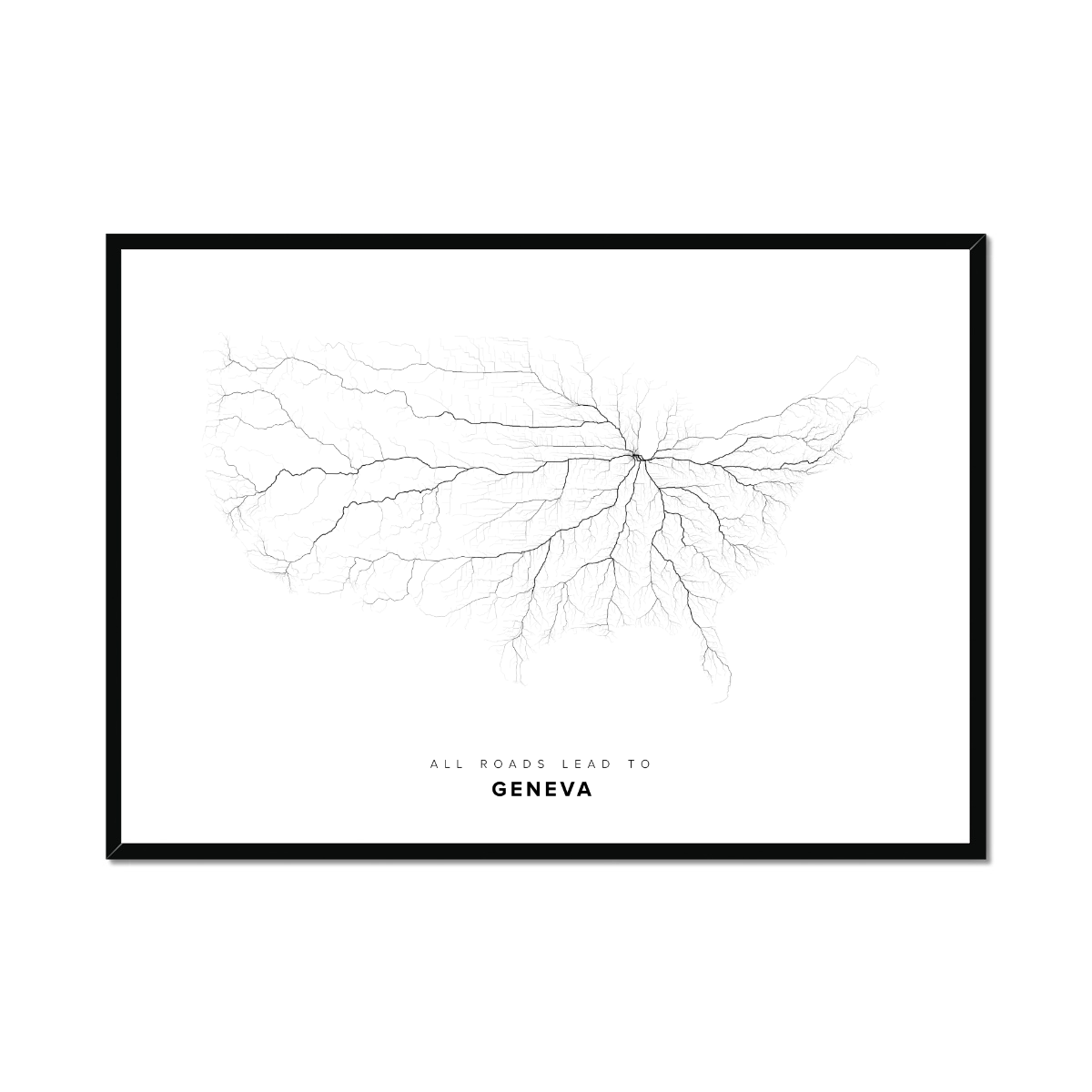 All roads lead to Geneva (United States of America) Fine Art Map Print