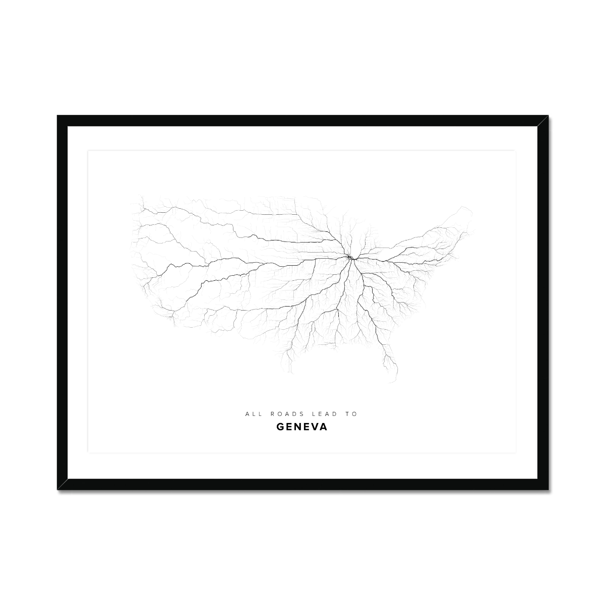 All roads lead to Geneva (United States of America) Fine Art Map Print