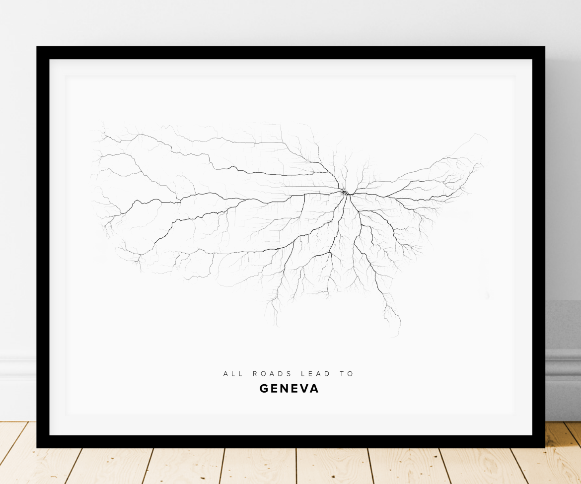 All roads lead to Geneva (United States of America) Fine Art Map Print