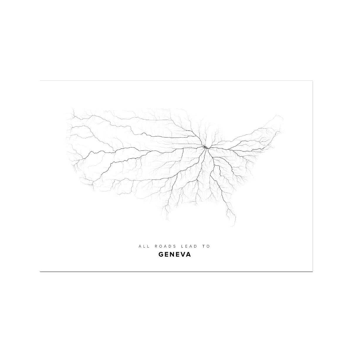 All roads lead to Geneva (United States of America) Fine Art Map Print
