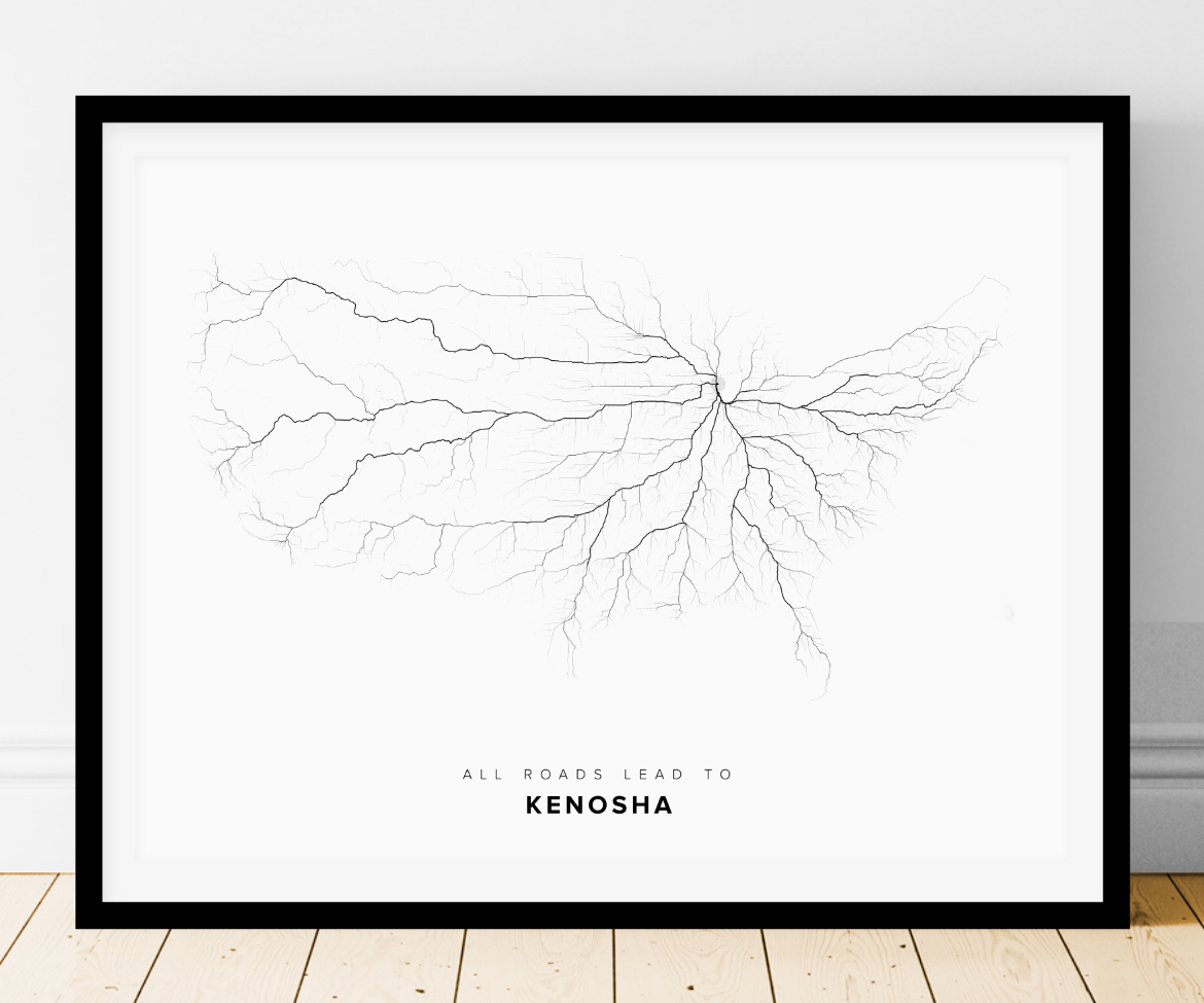 All roads lead to Kenosha (United States of America) Fine Art Map Print