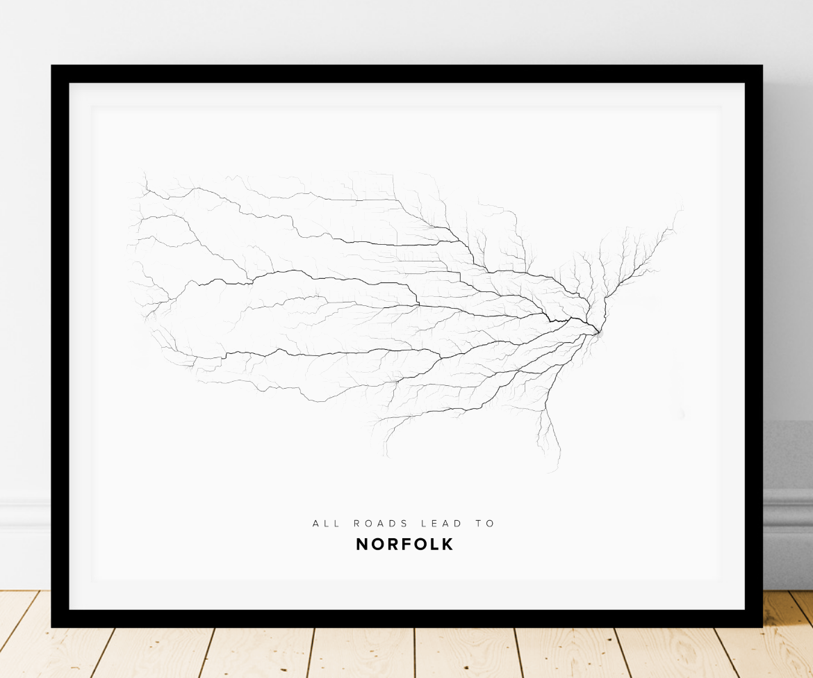 All roads lead to Norfolk (United States of America) Fine Art Map Print