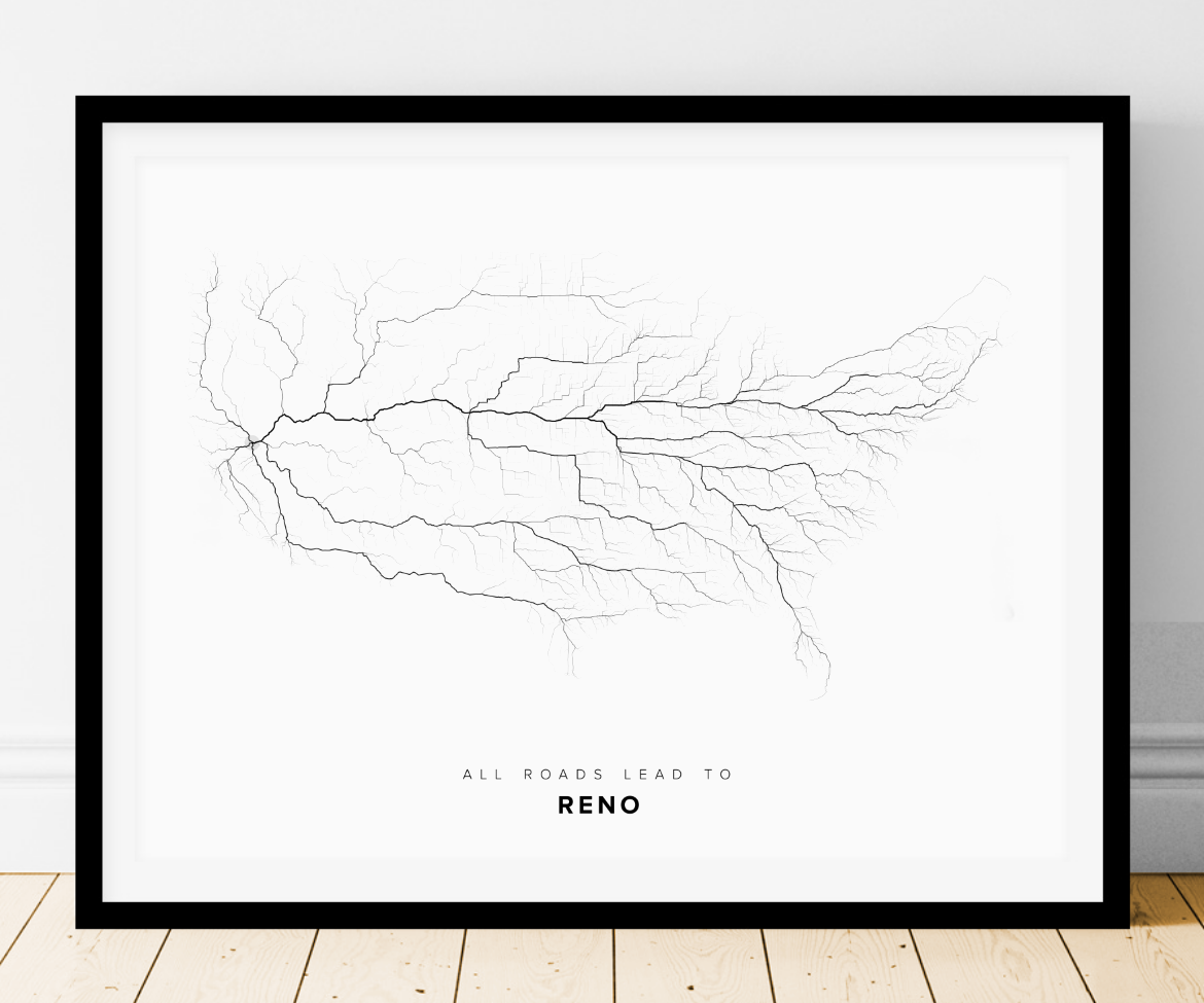 All roads lead to Reno (United States of America) Fine Art Map Print