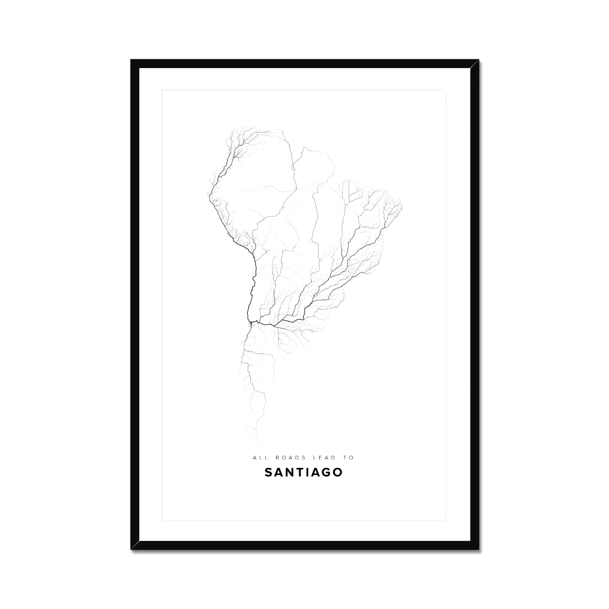 All roads lead to Santiago (Chile) Fine Art Map Print