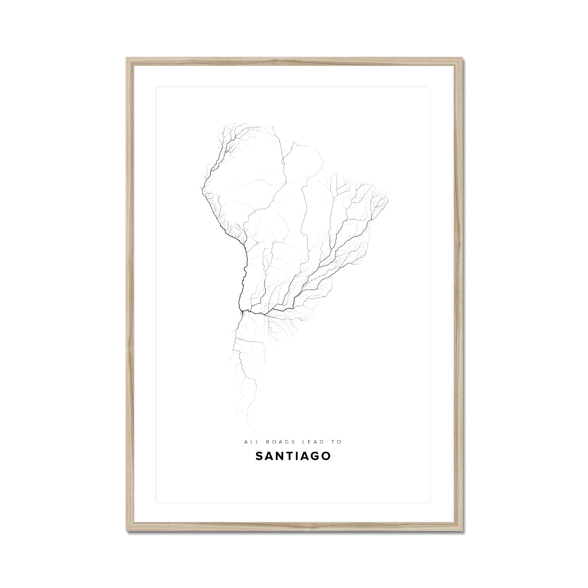 All roads lead to Santiago (Chile) Fine Art Map Print