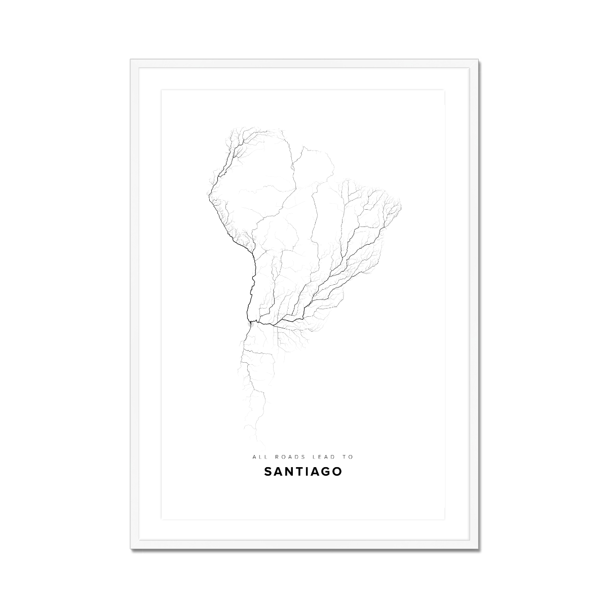 All roads lead to Santiago (Chile) Fine Art Map Print