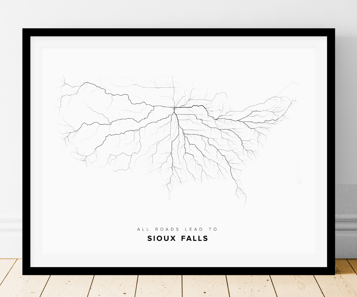All roads lead to Sioux Falls (United States of America) Fine Art Map Print