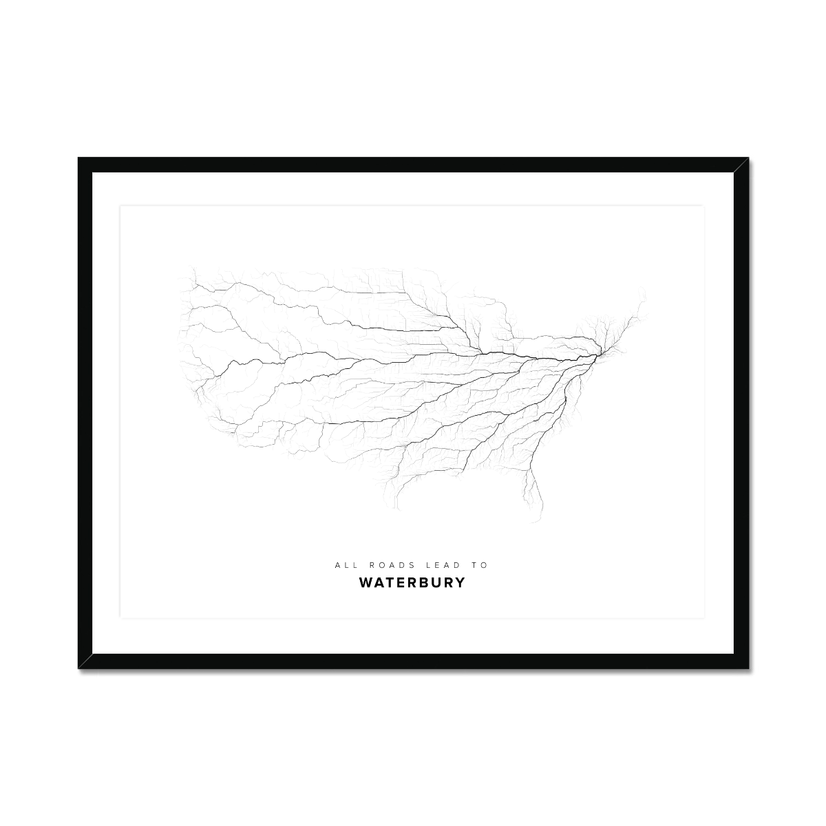 All roads lead to Waterbury (United States of America) Fine Art Map Print