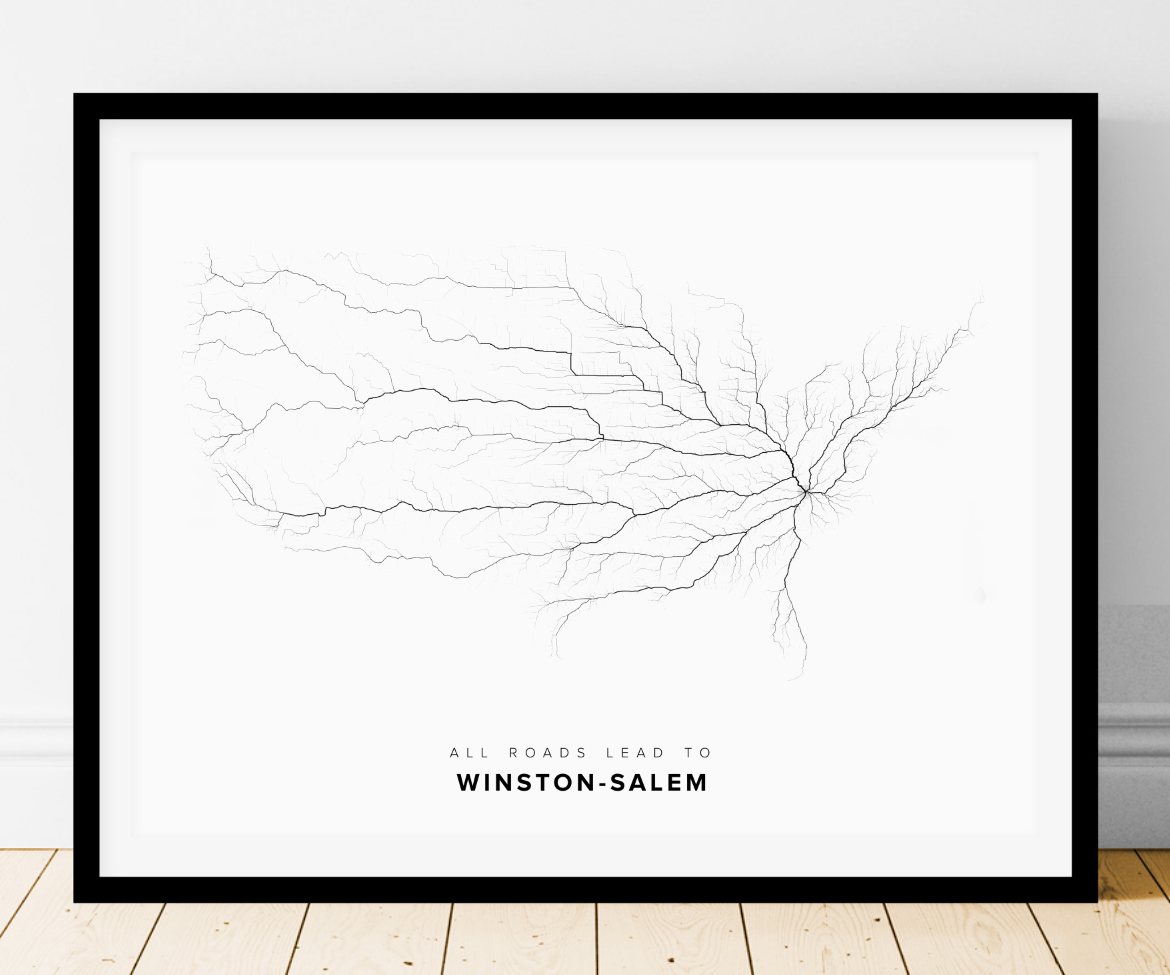 All roads lead to Winston-Salem (United States of America) Fine Art Map Print